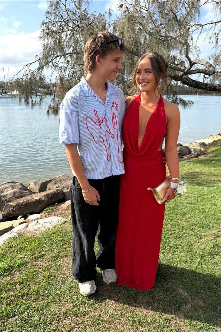 Red Halter-Neck Cowl-Back Floor-Length Prom Dress