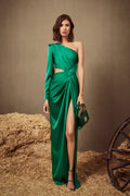 Bold Sheath One-shoulder Single-sleeve Cutout Emerald Floor-length Prom Dress for Women Ready to Ship