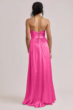 Bold Strapless Sweetheart Hot Pink Satin Bridesmaid Dress with Lace-Up Back, High Thigh Slit & Flowy A-Line Floor-Length Hem