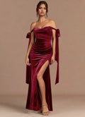Bow Accented Off The Shoulder Mermaid Velvet Ruched Zipper Back Floor Length For Sale Prom Dress ﻿