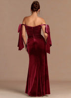 Bow Accented Off The Shoulder Mermaid Velvet Ruched Zipper Back Floor Length For Sale Prom Dress ﻿