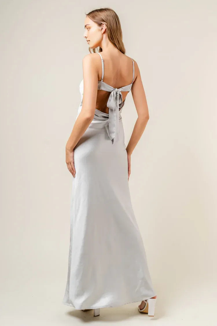 Bow Back Satin Sheath Square Neck Spaghetti Strap Floor Length For Women Prom Dress