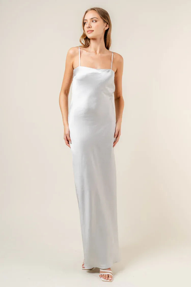 Bow Back Satin Sheath Square Neck Spaghetti Strap Floor Length For Women Prom Dress