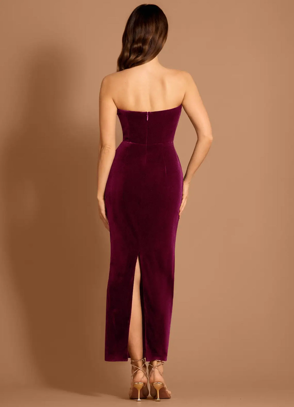 Bow Front Velvet Sheath Strapless Zipper Back Midi Length Female Prom Dress