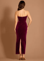 Bow Front Velvet Sheath Strapless Zipper Back Midi Length Female Prom Dress