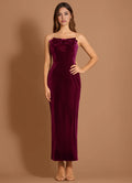 Bow Front Velvet Sheath Strapless Zipper Back Midi Length Female Prom Dress