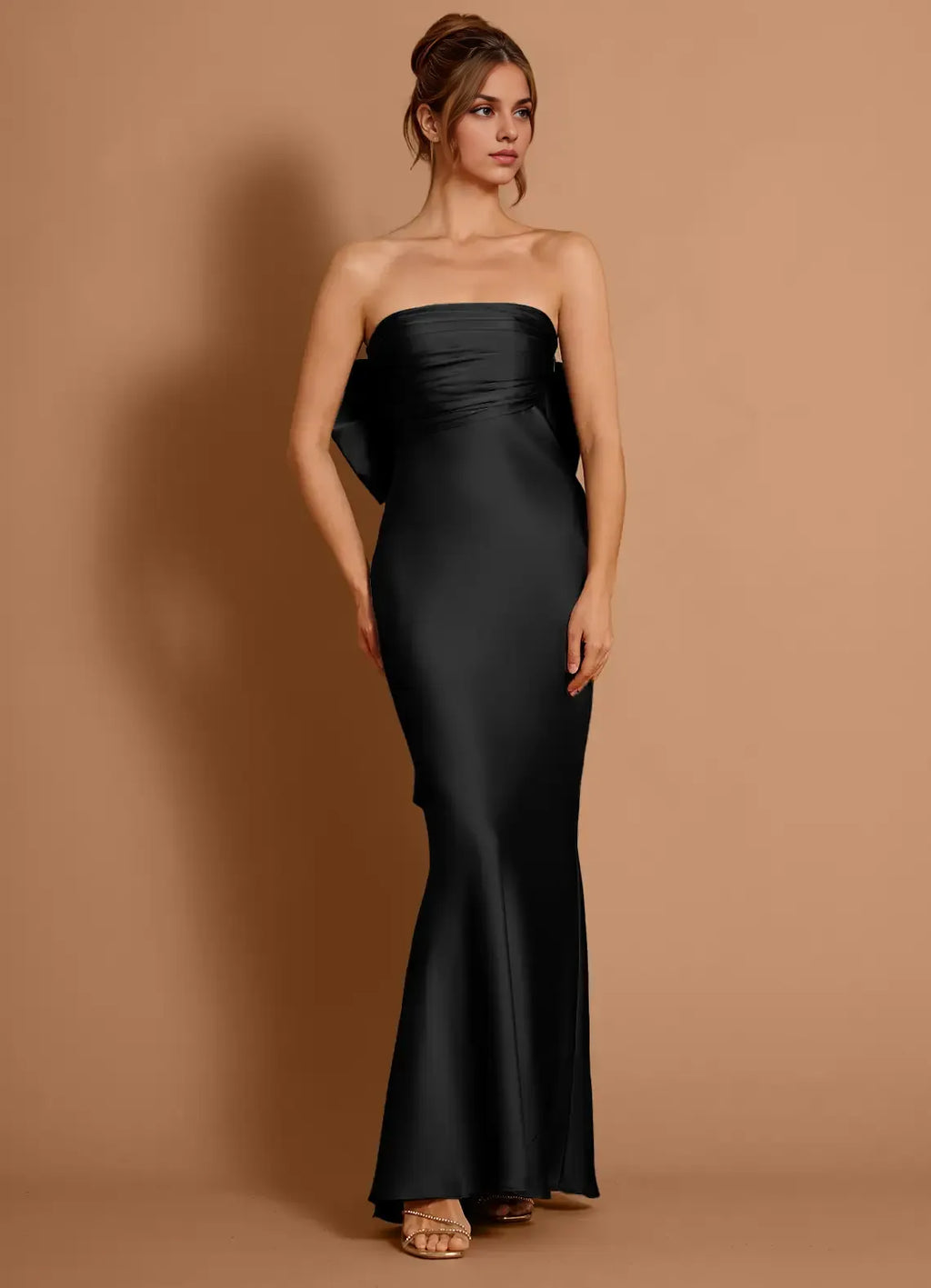 Bow Ruffled Mermaid Strapless Sleeveless Open Back Floor Length Female Prom Dress