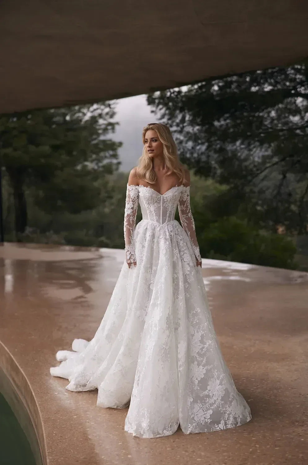 Breathtaking Off Shoulder Ball Gown Lace Long Sleeve Lace Up Back Train Length Wedding Dress