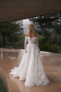 Breathtaking Off Shoulder Ball Gown Lace Long Sleeve Lace Up Back Train Length Wedding Dress
