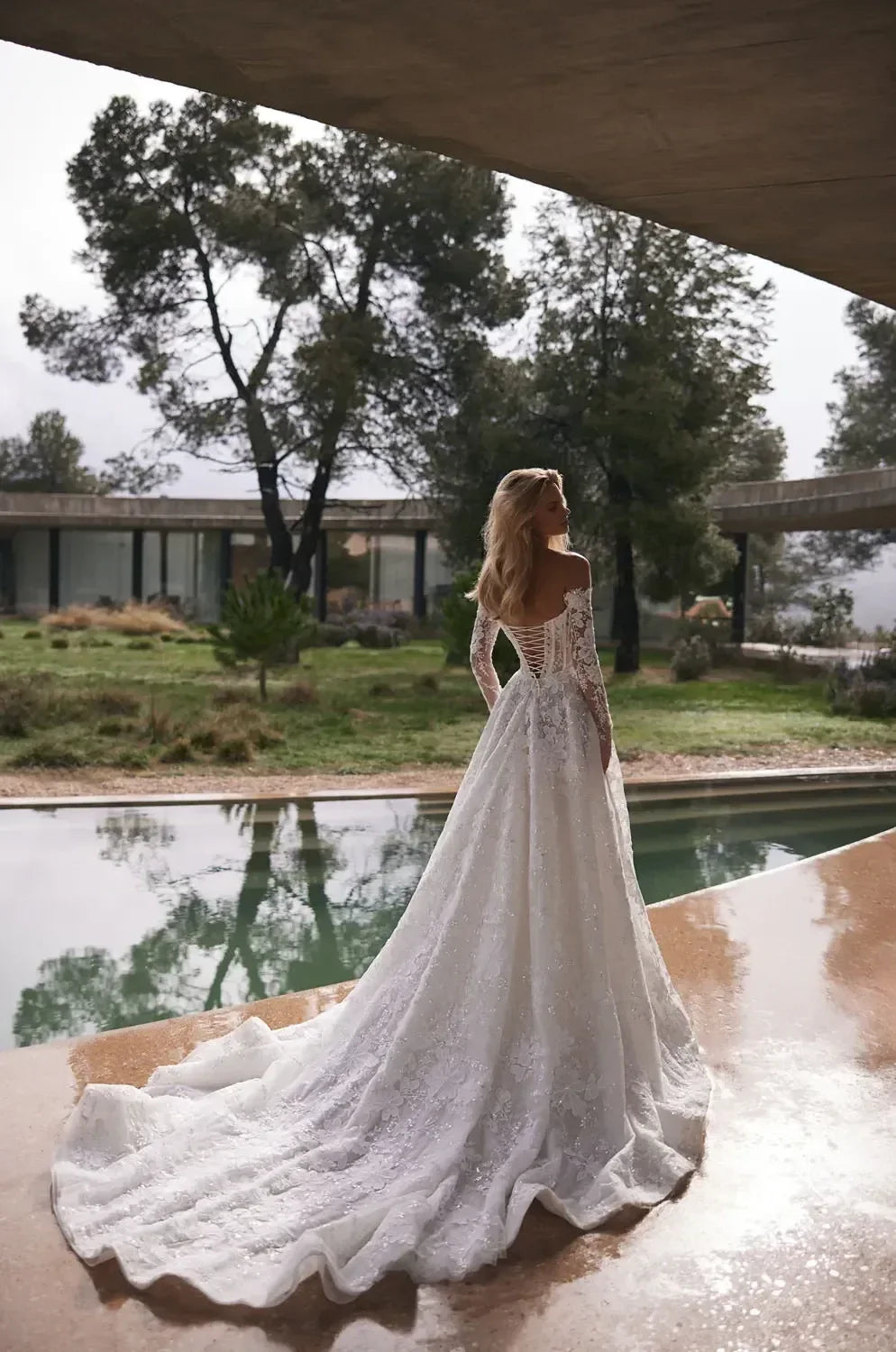 Breathtaking Off Shoulder Ball Gown Lace Long Sleeve Lace Up Back Train Length Wedding Dress