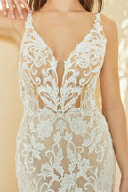 Breathtaking Trumpet Plunging V Neck Sleeveless Open Back Floor Length Wedding Dress