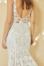 Breathtaking Trumpet Plunging V Neck Sleeveless Open Back Floor Length Wedding Dress