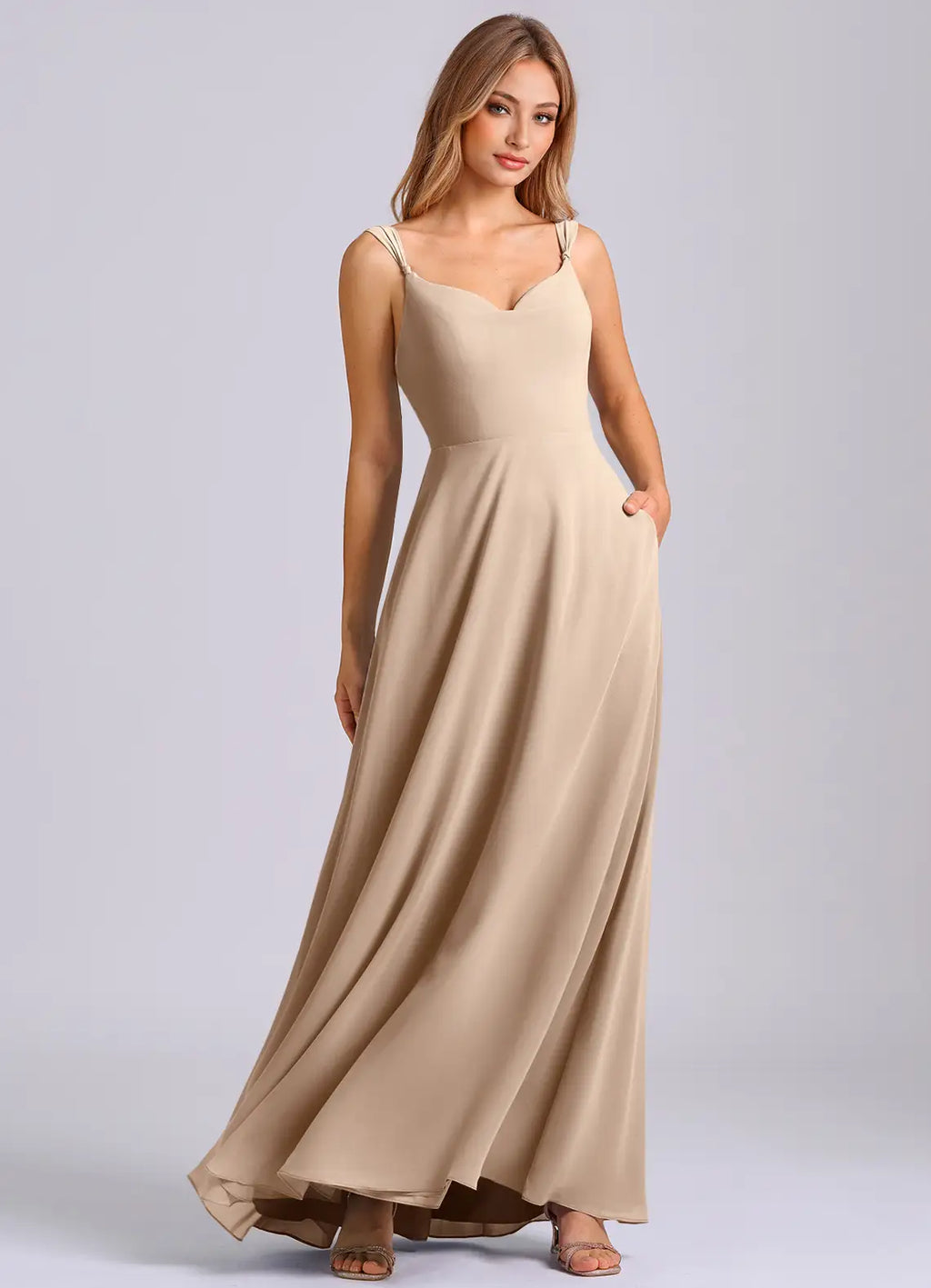 Bridesmaid Dresses Elegant Chiffon Cowl Neck Adjustable Spaghetti Strap Bow Back Floor-Length