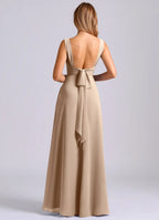 Bridesmaid Dresses Elegant Chiffon Cowl Neck Adjustable Spaghetti Strap Bow Back Floor-Length