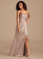 Bridesmaid Dresses Luxe Satin Cowl Neck Ruched Bodice Adjustable Spaghetti Strap High Slit Floor-Length