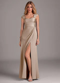 Bridesmaid Dresses Luxe Satin Ruched Bodice Cap Sleeve High Slit Floor-Length Evening Dress