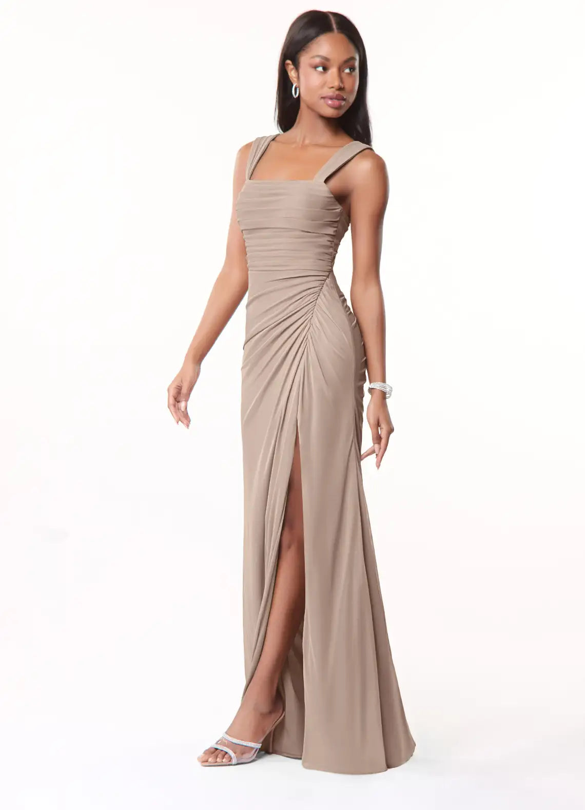 Bridesmaid Dresses Sleek Jersey Ruched Bodice Square Neck Bow Back High Slit Floor-Length