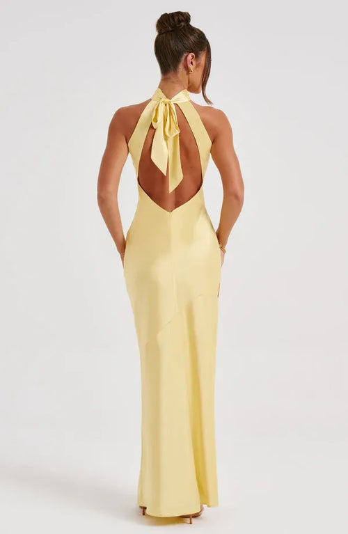 Robe de soirée longue sans manches pour femmes, fourreau lumineux à col licou et nœud au dos