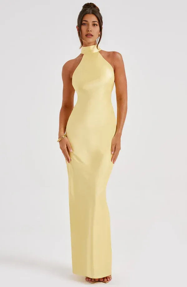 Bright Sheath Halter Neck Sleeveless Bow Back Floor Length For Ladies Evening Dress