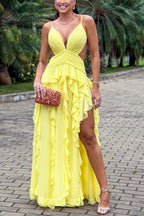 Yellow Bright Deep V Neck Open Back Ruffle High Slit Evening Dress