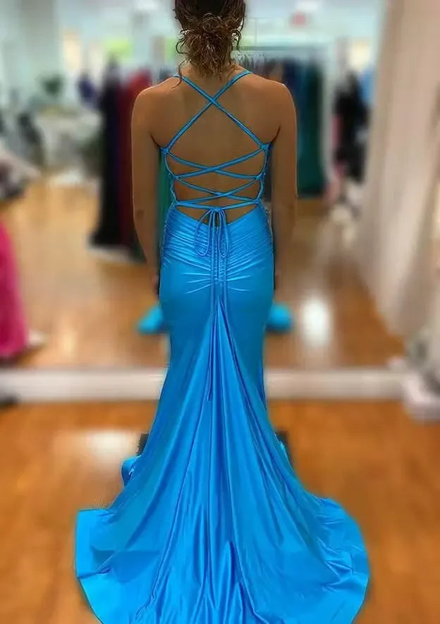 Bright Blue Satin Mermaid Prom Dress Spaghetti-Strap Deep V-Neck High-Slit Crisscross Open-Back Gown