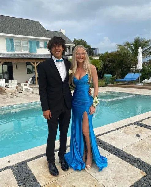 Bright Blue Satin Mermaid Prom Dress Spaghetti-Strap Deep V-Neck High-Slit Crisscross Open-Back Gown