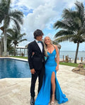 Bright Blue Satin Mermaid Prom Dress Spaghetti-Strap Deep V-Neck High-Slit Crisscross Open-Back Gown