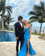 Bright Blue Satin Mermaid Prom Dress Spaghetti-Strap Deep V-Neck High-Slit Crisscross Open-Back Gown