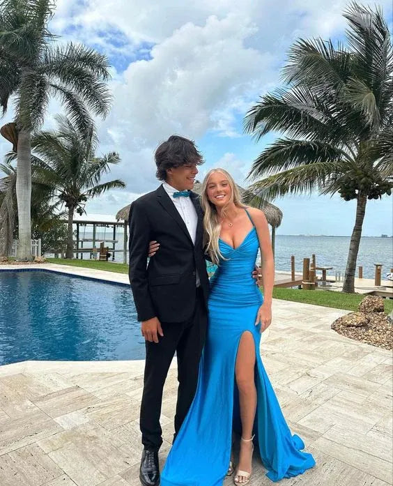 Bright Blue Satin Mermaid Prom Dress Spaghetti-Strap Deep V-Neck High-Slit Crisscross Open-Back Gown