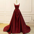 Burgundy Spaghetti Strap Ruched Corset Back A-Line Train Prom Dress