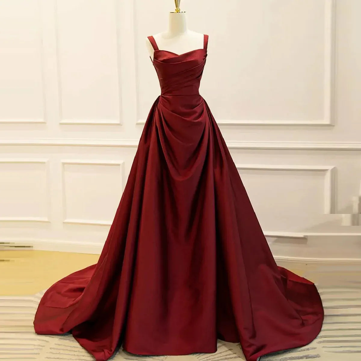 Burgundy Spaghetti Strap Ruched Corset Back A-Line Train Prom Dress