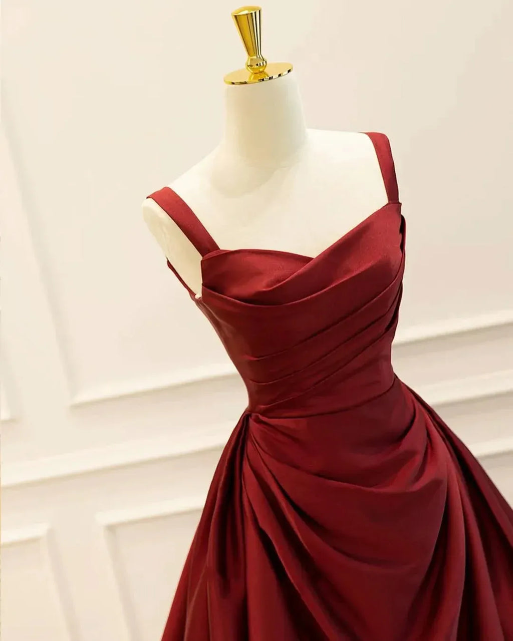 Burgundy Spaghetti Strap Ruched Corset Back A-Line Train Prom Dress