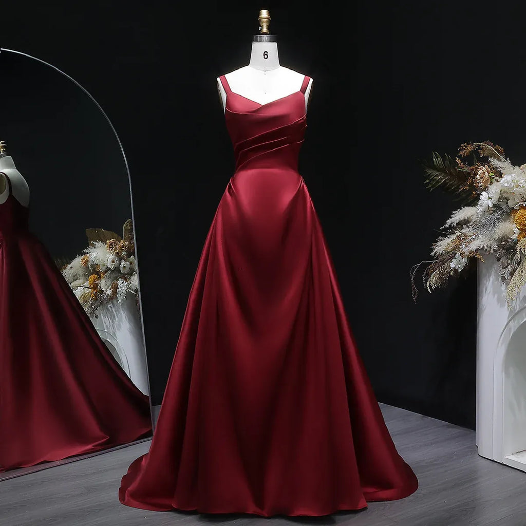 Burgundy Spaghetti Strap Ruched Corset Back A-Line Train Prom Dress