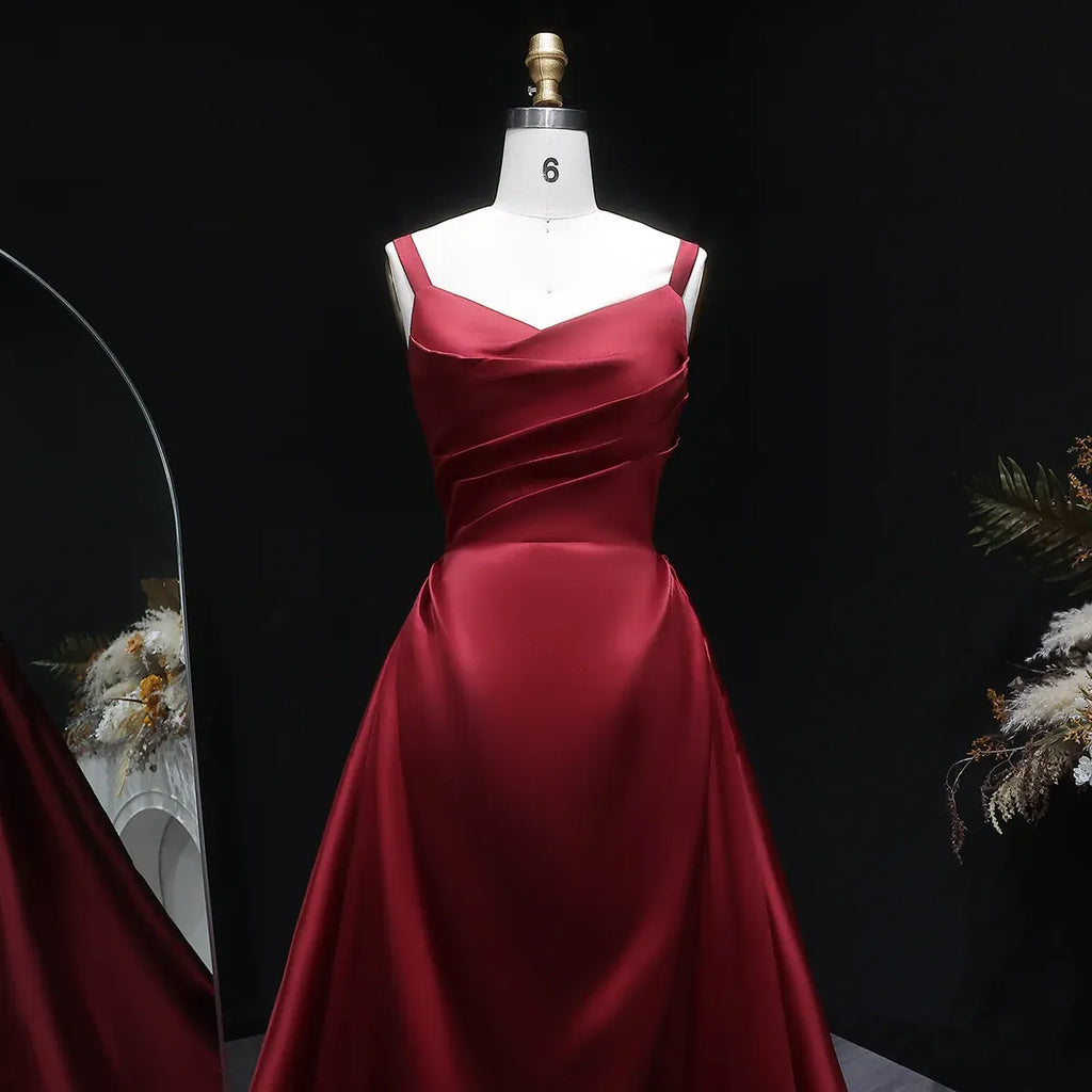 Burgundy Spaghetti Strap Ruched Corset Back A-Line Train Prom Dress