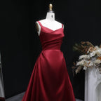 Burgundy Spaghetti Strap Ruched Corset Back A-Line Train Prom Dress