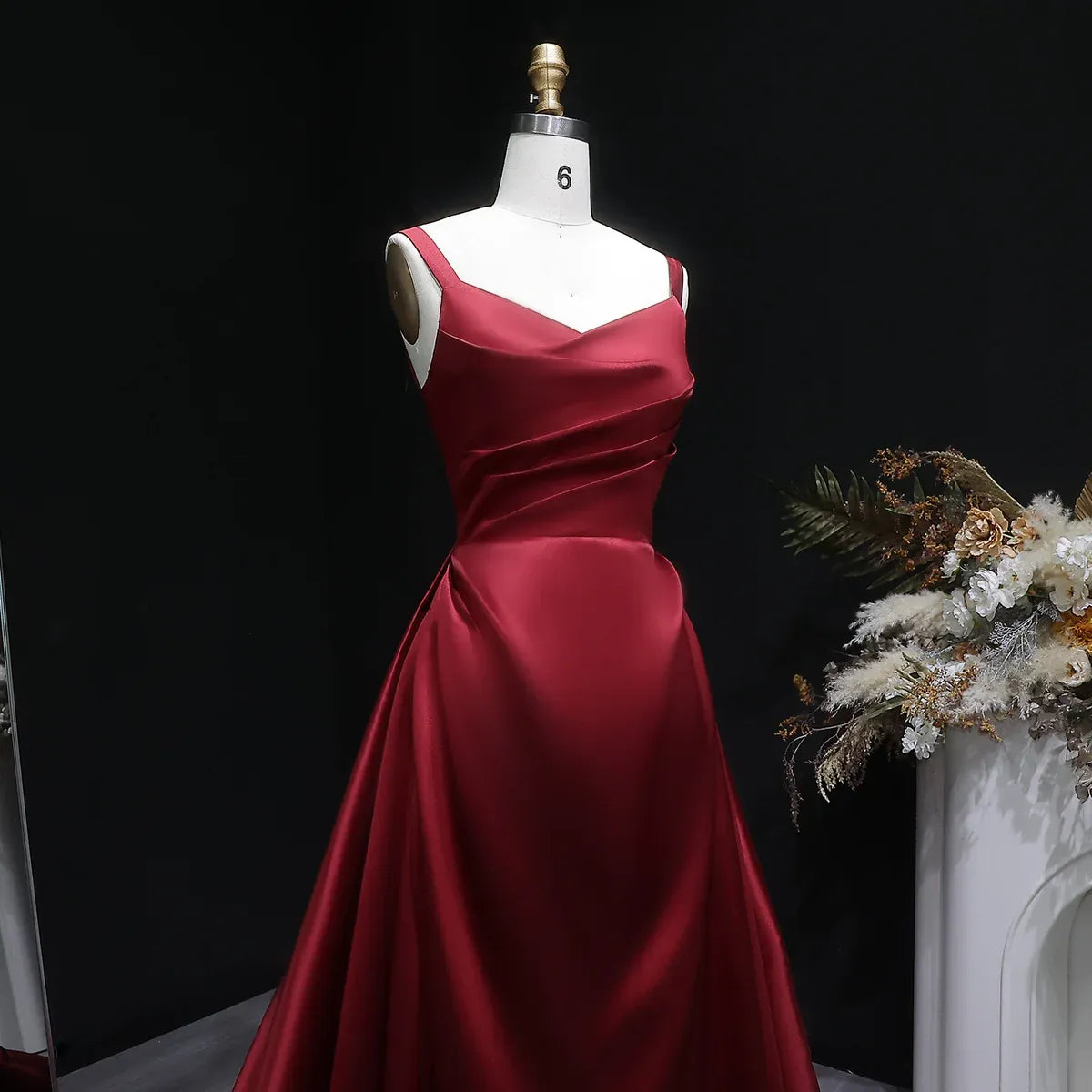 Burgundy Spaghetti Strap Ruched Corset Back A-Line Train Prom Dress