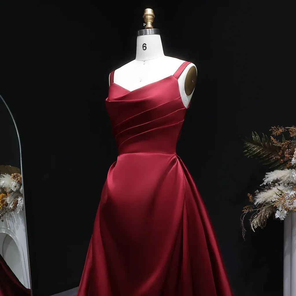 Burgundy Spaghetti Strap Ruched Corset Back A-Line Train Prom Dress