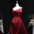 Burgundy Spaghetti Strap Ruched Corset Back A-Line Train Prom Dress