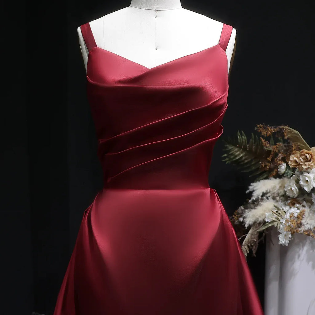 Burgundy Spaghetti Strap Ruched Corset Back A-Line Train Prom Dress