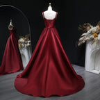 Burgundy Spaghetti Strap Ruched Corset Back A-Line Train Prom Dress
