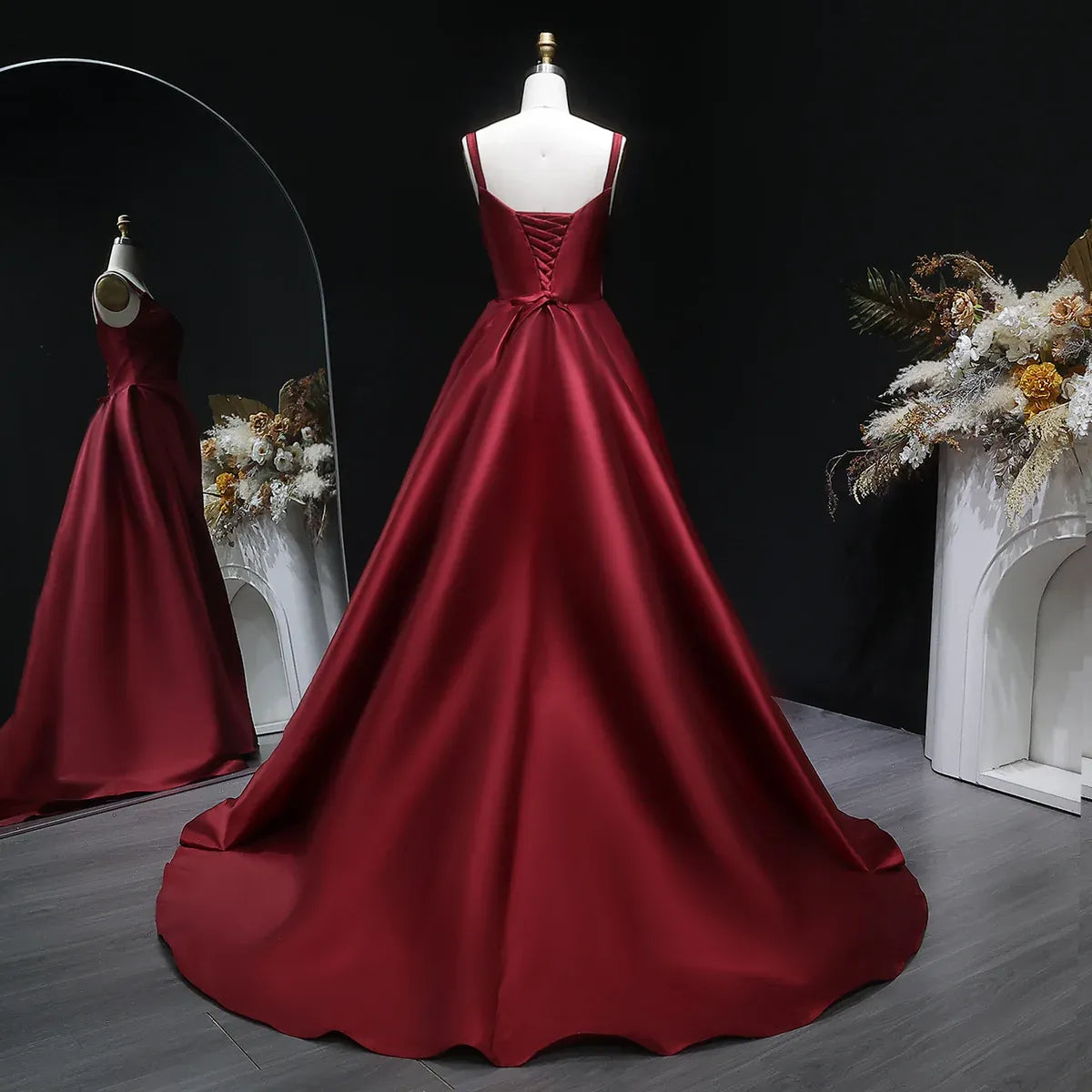 Burgundy Spaghetti Strap Ruched Corset Back A-Line Train Prom Dress