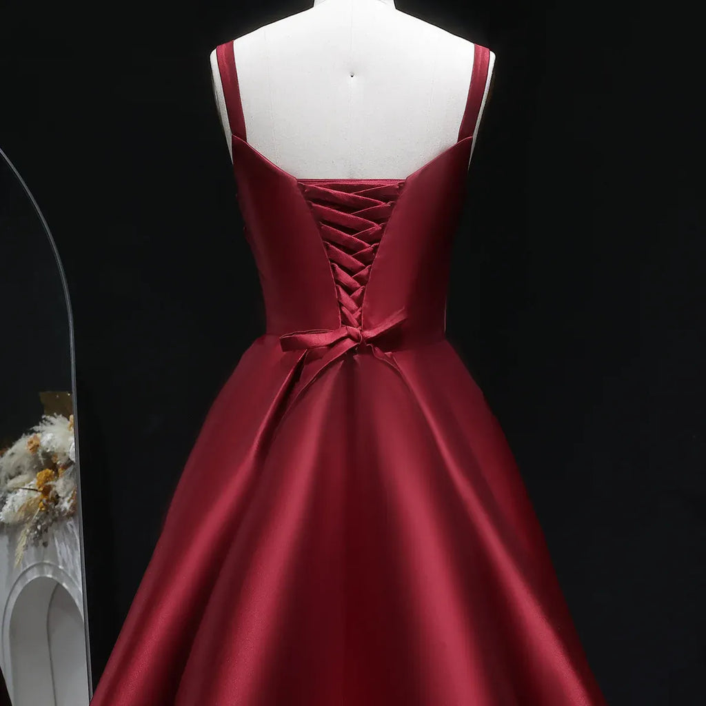 Burgundy Spaghetti Strap Ruched Corset Back A-Line Train Prom Dress