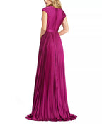 Luxe A Line Deep V Neck Cap Sleeve Pleated Skirt Floor Length For Adults Prom Dress