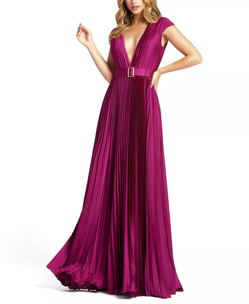 Luxe A Line Deep V Neck Cap Sleeve Pleated Skirt Floor Length For Adults Prom Dress