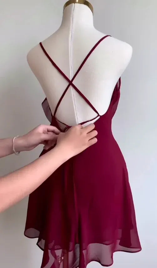 Burgundy A Line Spaghetti Strap Floral Chiffon Short Party Dress Homecoming Dress Outfits
