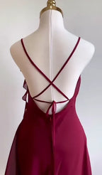 Burgundy A Line Spaghetti Strap Floral Chiffon Short Party Dress Homecoming Dress Outfits