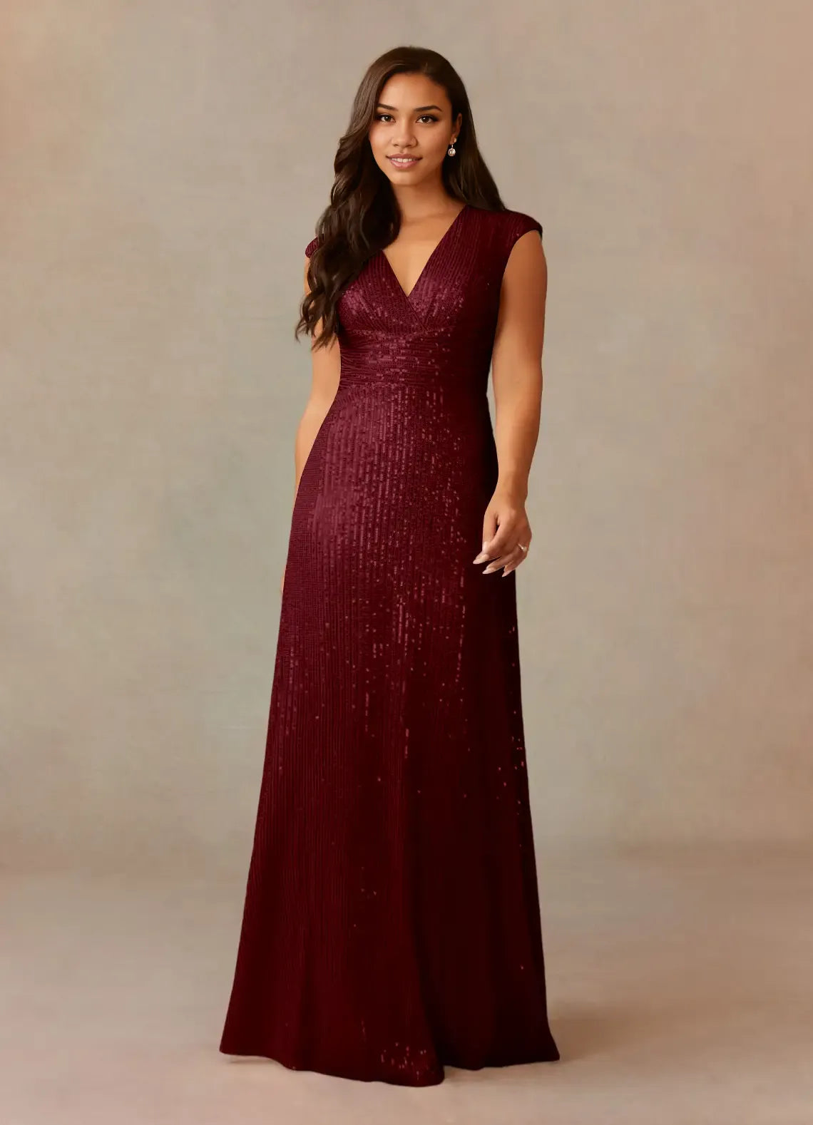 Dress Champagne A-Line V-Neck Ruched Sequins Mother Of The Bride Dresses Cap Sleeves Back Zip Ruffle Evening Dress
