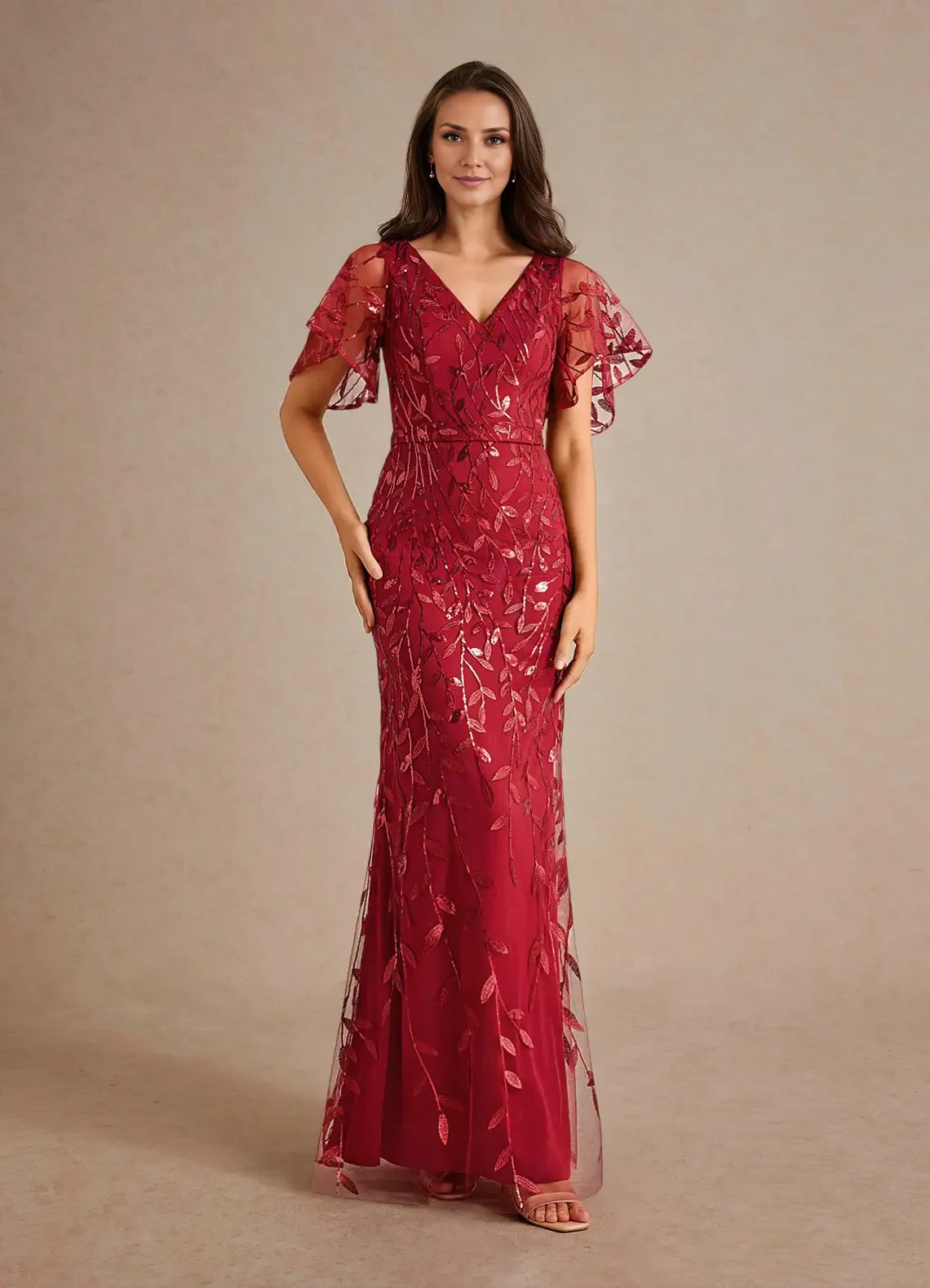 Dress Champagne Sheath Sequins Mother of the Groom Dresses Elegant V-Neck Flutter Sleeves Evening Dress