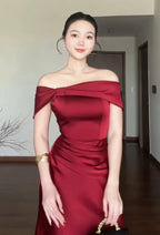 Burgundy Satin Mermaid Prom Dress Off-Shoulder Ruched-Bodice Crisscross Open-Back Floor-Length Gown