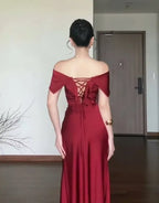 Burgundy Satin Mermaid Prom Dress Off-Shoulder Ruched-Bodice Crisscross Open-Back Floor-Length Gown
